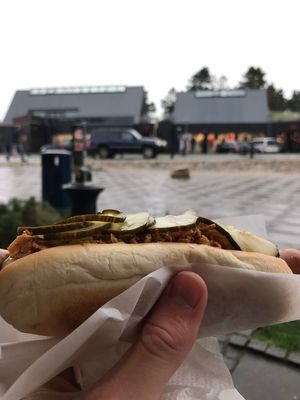 Blåvand, 18
                                                                                                                                                                    October 2017 Hand holding hotdog in Blåvand