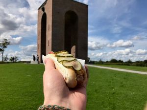 Ejer Bavnehøj, 16 August 2017 Hand holding hotdog in front of monument at
                                                                                                                                  Ejer Bavnehøj