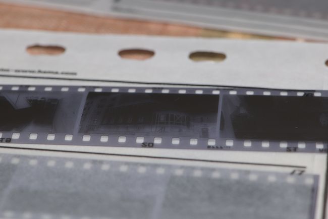 Photo of a strip of black and white negatives